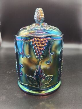 Vintage Indiana Blue Harvest Grape Carnival Glass Canister